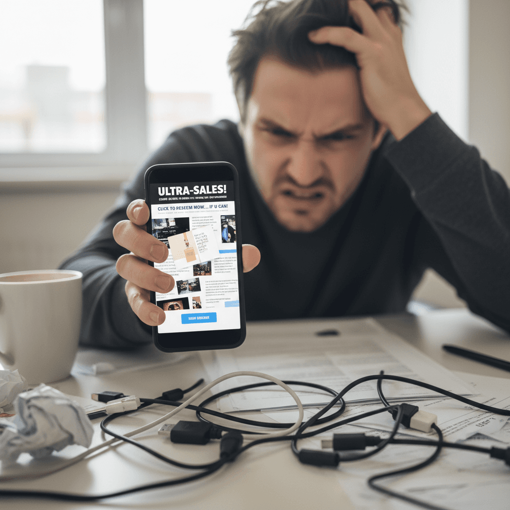 Frustrierte Person mit schlecht formatierter mobiler Website