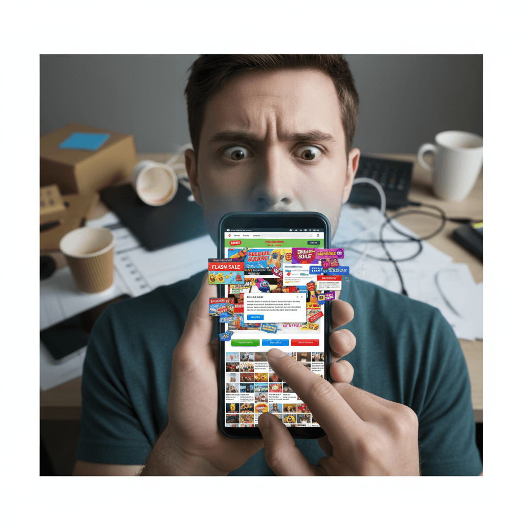 Überforderte Person auf überladener Website