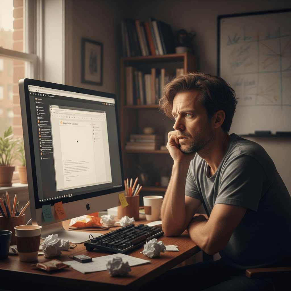 Unsichere Person am Computer weiß nicht, was zu tun ist