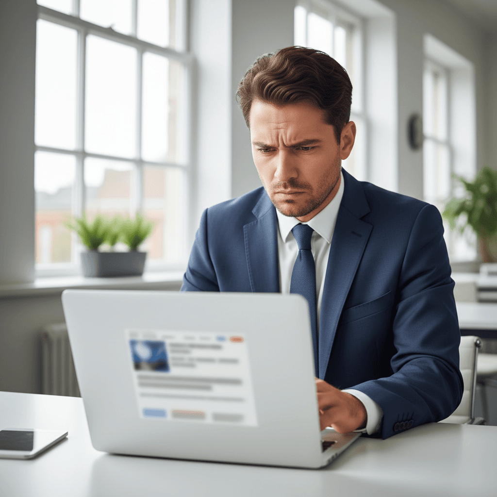 Verwirrter Unternehmer schaut auf unscharfe Website