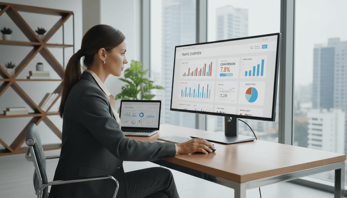 Geschäftsinhaber analysiert Website-Metriken und Conversion-Daten auf dem Computer