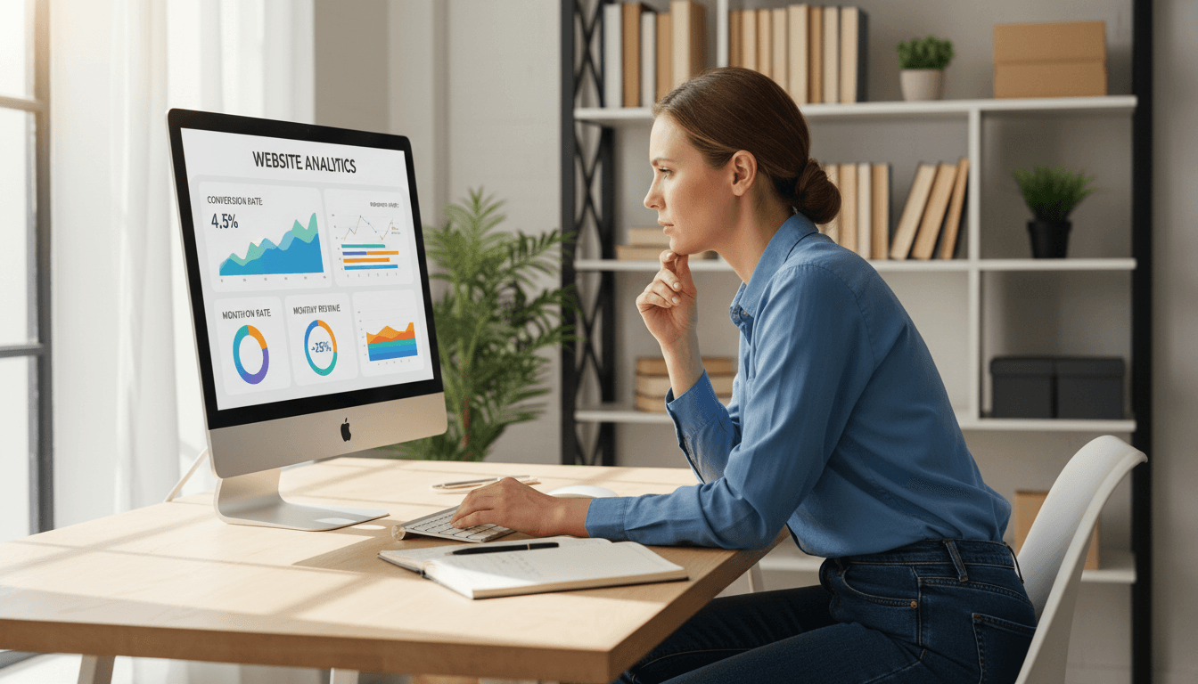 Geschäftsinhaber analysiert Website-Daten am Schreibtisch