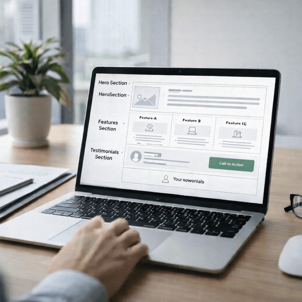 Laptop-Bildschirm zeigt Website-Wireframe-Layout, während eine Hand das Trackpad auf einem hölzernen Schreibtisch bedient.