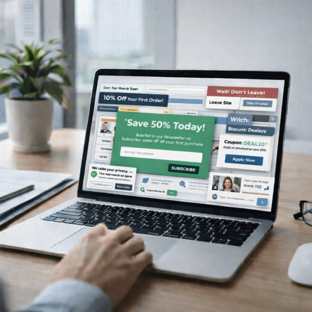Laptop-Bildschirm überflutet mit aufdringlicher Pop-up-Werbung und Rabattangeboten, während eine Hand das Touchpad bedient.