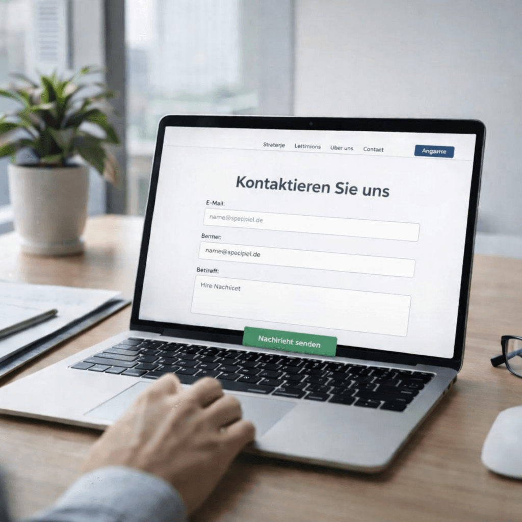 Laptop auf einem Schreibtisch zeigt ein deutsches Kontaktformular mit der Überschrift Kontaktieren Sie uns.