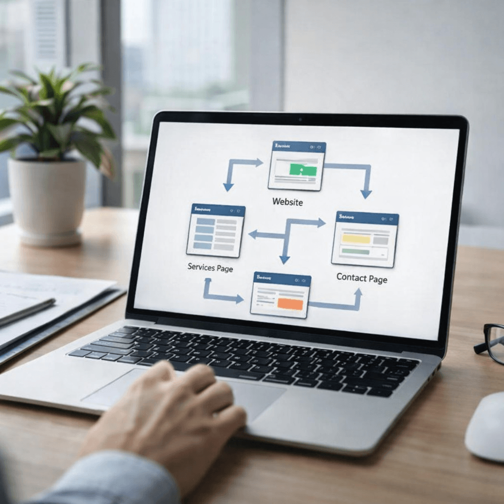 Laptop zeigt ein Diagramm der Website-Struktur mit Verknüpfungen zwischen Startseite, Service- und Kontaktseite.